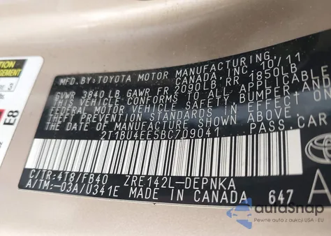 2011 Toyota Corolla Le z USA, uszkodzony, nr VIN 2T1BU4EE5BC709041